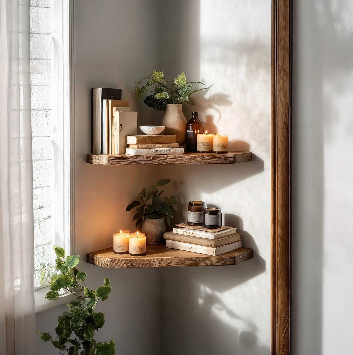 Rustic Corner Floating Shelves – Solid Wood Wall Shelves for Books, Plants & Home Decor