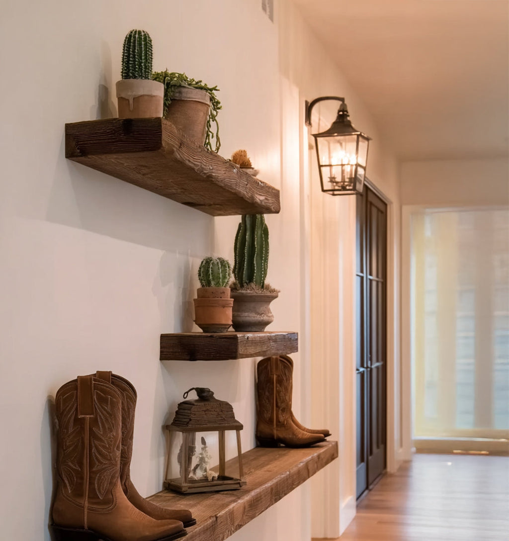Rustic Wooden Floating Shelves – Farmhouse Wall Shelf for Boots & Decor