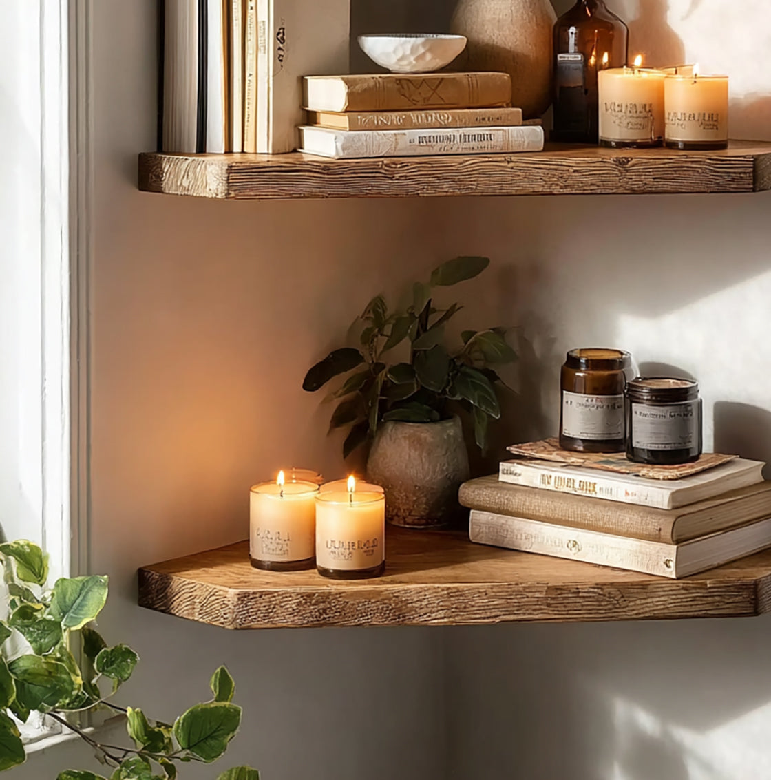 Rustic Corner Floating Shelves – Solid Wood Wall Shelves for Books, Plants & Home Decor