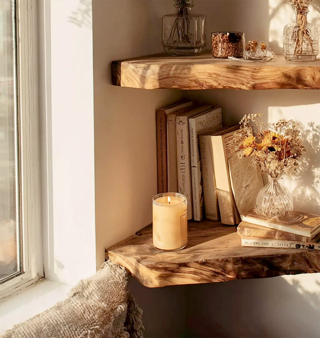 Farmhouse Floating Corner Shelf – Live Edge Wall Shelf, Rustic Walnut Bookshelves