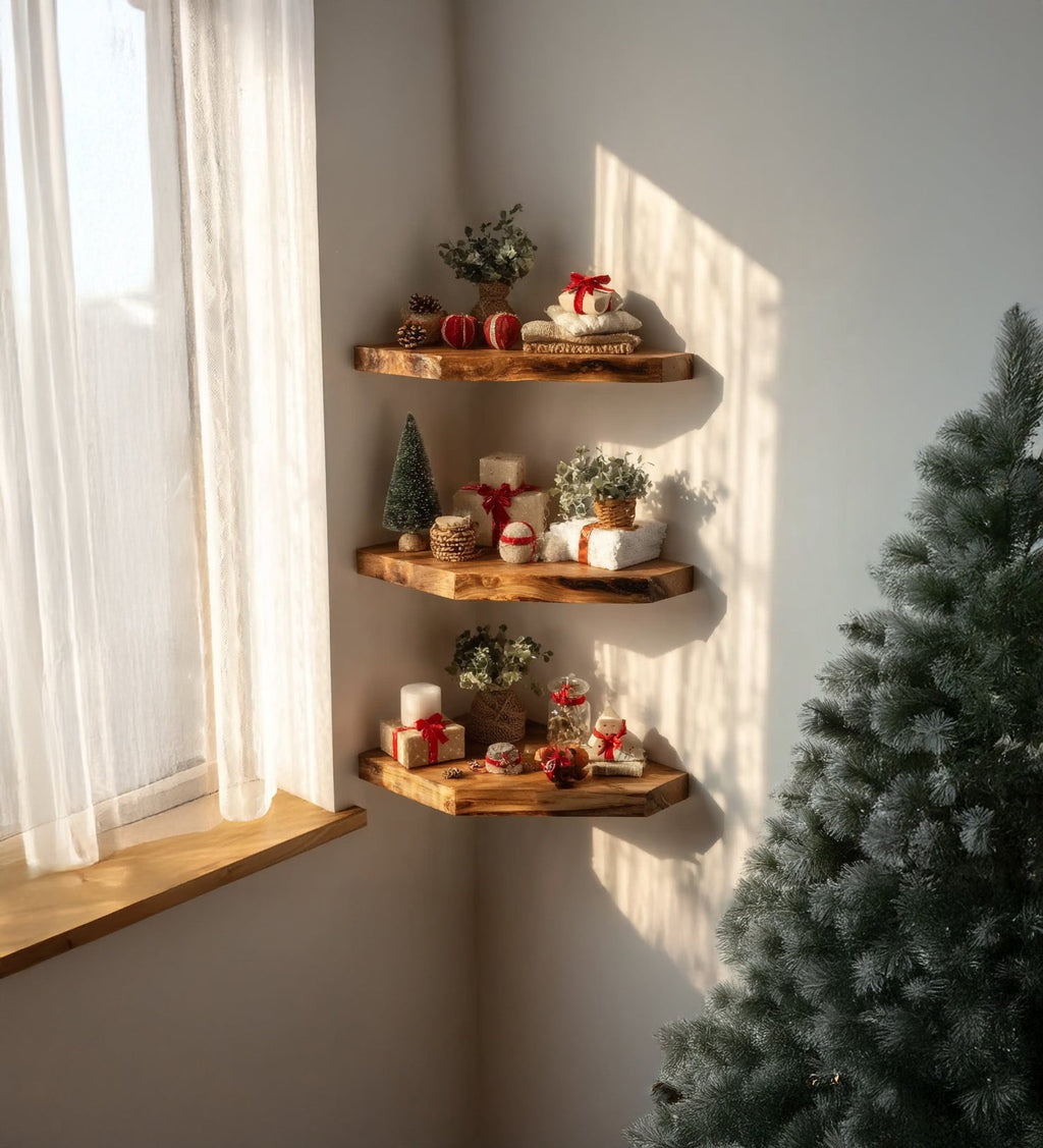 Rustic Live Edge Corner Floating Shelves – Handcrafted Solid Wood Wall Display
