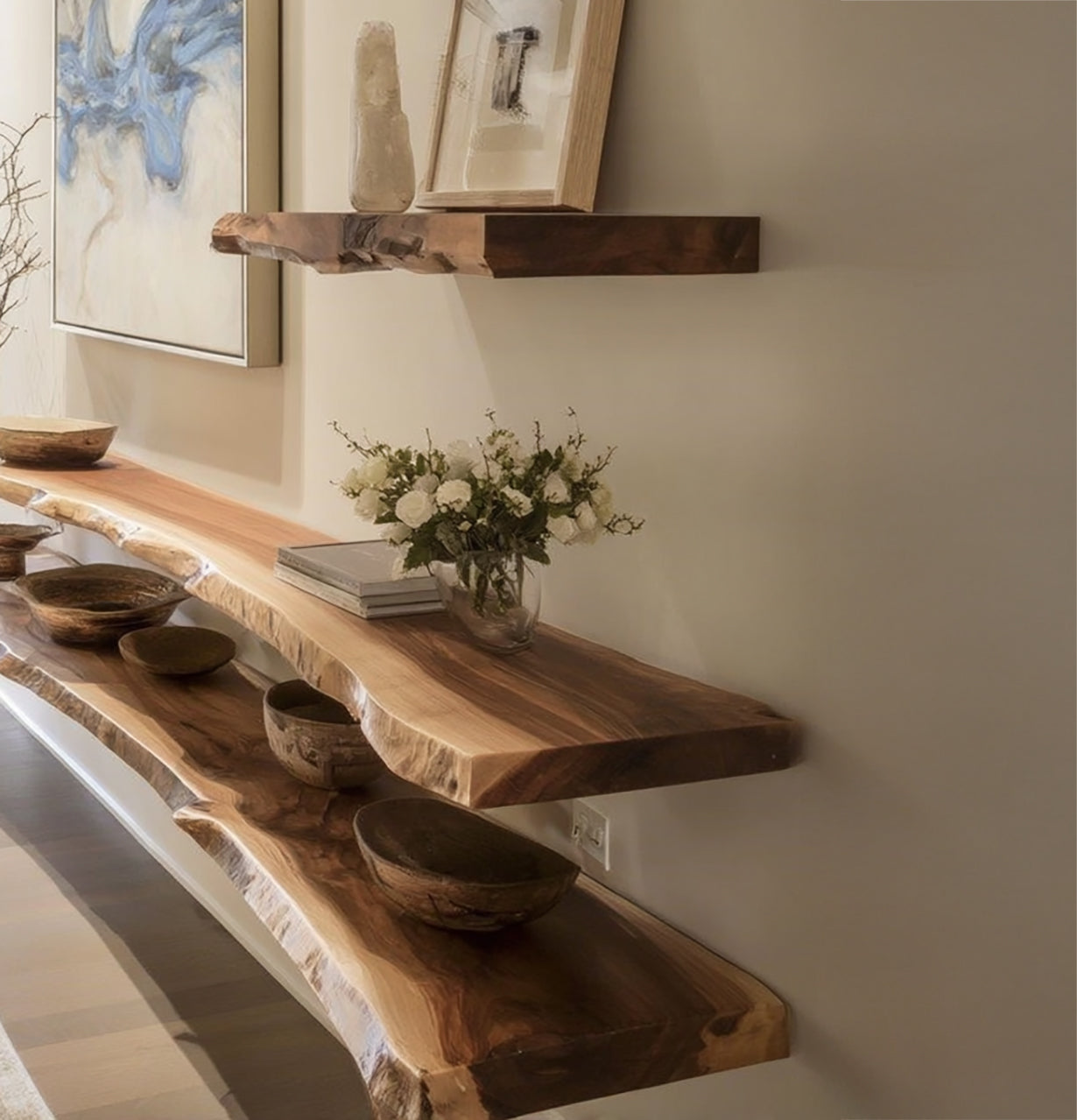 Handcrafted Live Edge Floating Shelf – Carved Wall-Mounted Wood Art