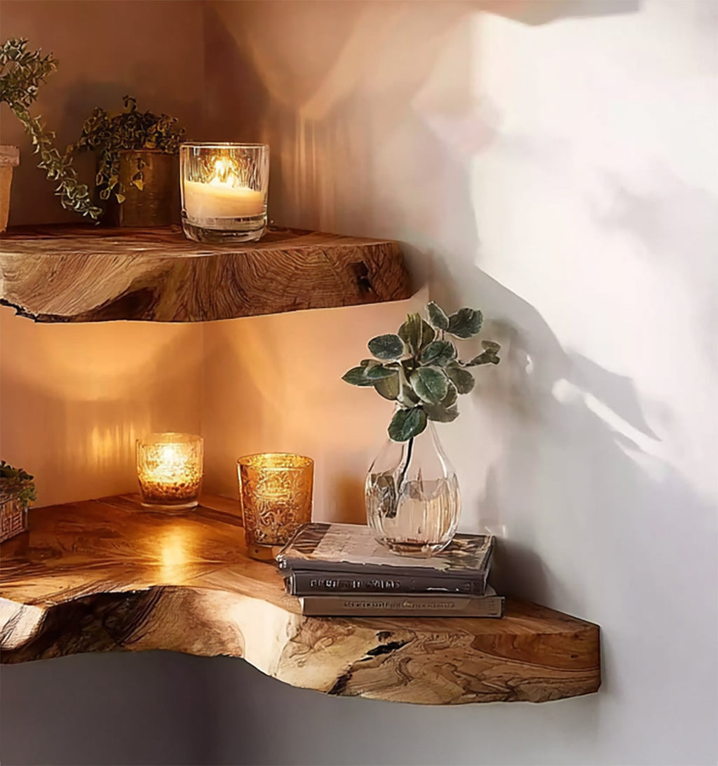 Handcrafted Live Edge Corner Shelves – Solid Wood Floating Wall Shelves