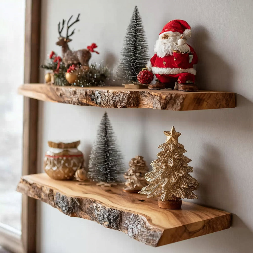 Rustic Live Edge Wooden Floating Shelves – Handmade Solid Wood Wall Shelf Set for Holiday Decor