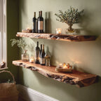 Handcrafted Live Edge Floating Bar Shelves – Rustic Solid Wood Wall Shelf for Kitchen or Bar