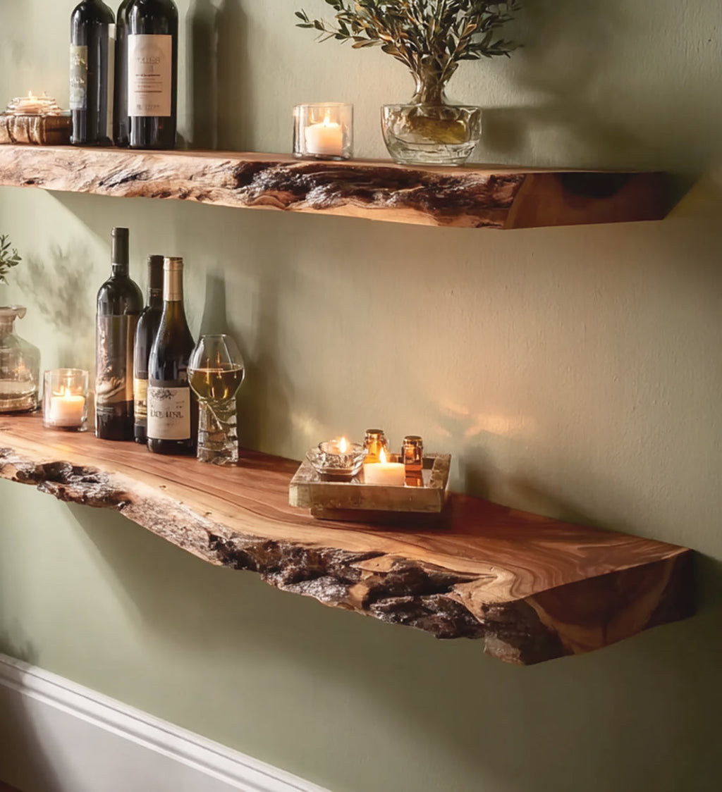 Handcrafted Live Edge Floating Bar Shelves – Rustic Solid Wood Wall Shelf for Kitchen or Bar