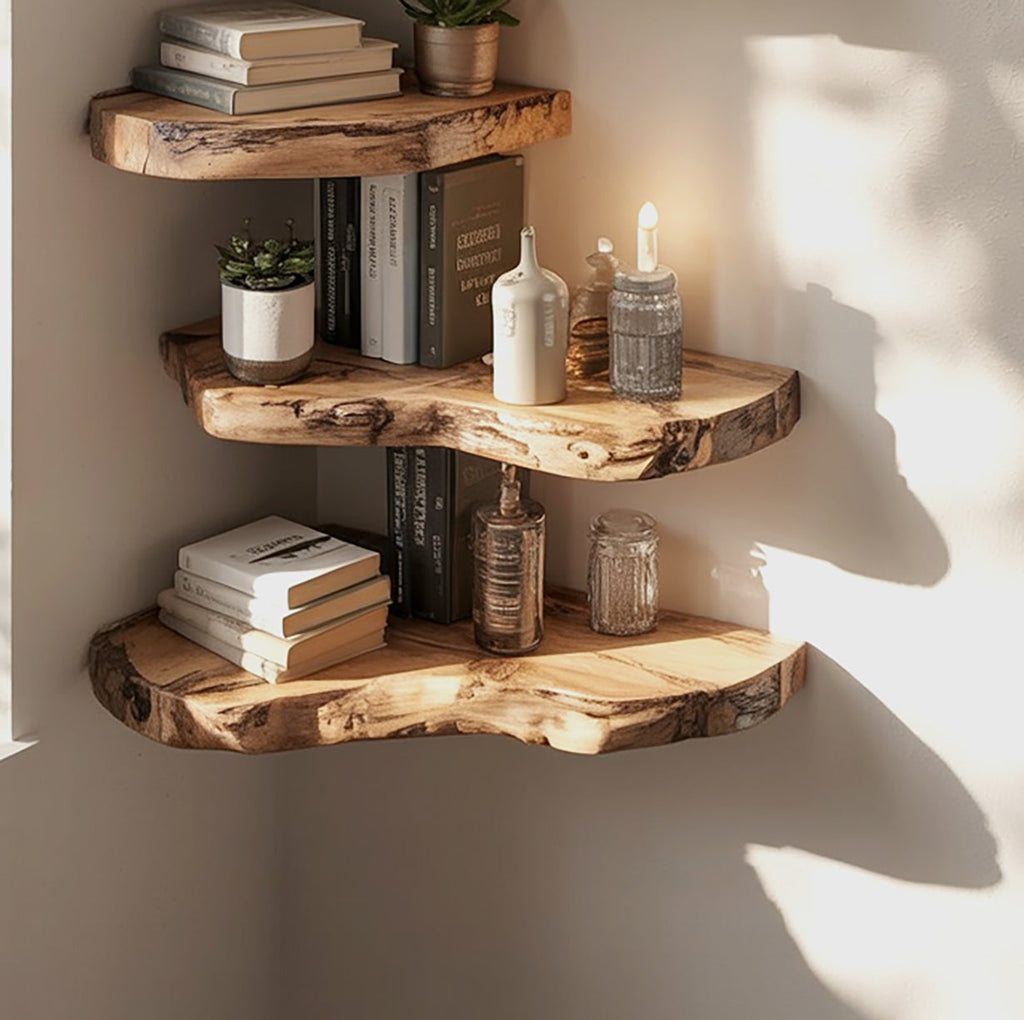 Rustic Live Edge Corner Shelves – Handmade Solid Wood Floating Wall Shelves