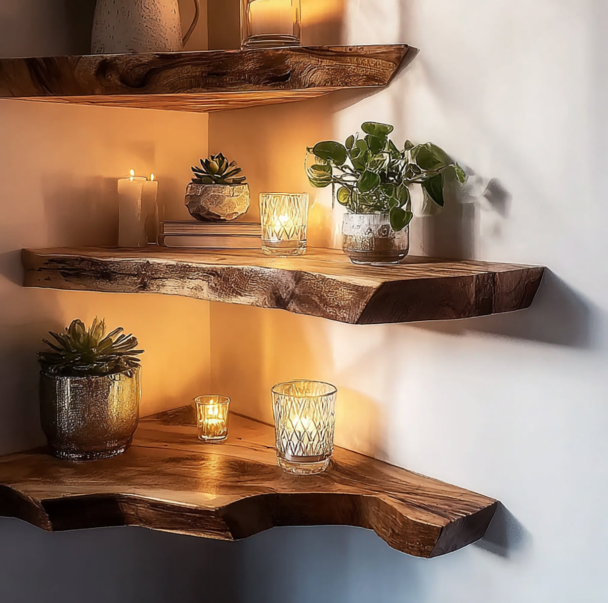 Live Edge Solid Wood Floating Corner Shelf – Handcrafted Driftwood Wall Shelf
