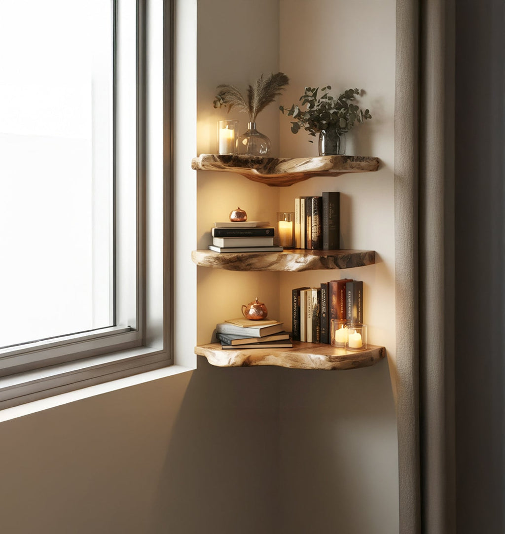 Handcrafted Live Edge Solid Wood Floating Shelf – Rustic Driftwood Wall Shelf