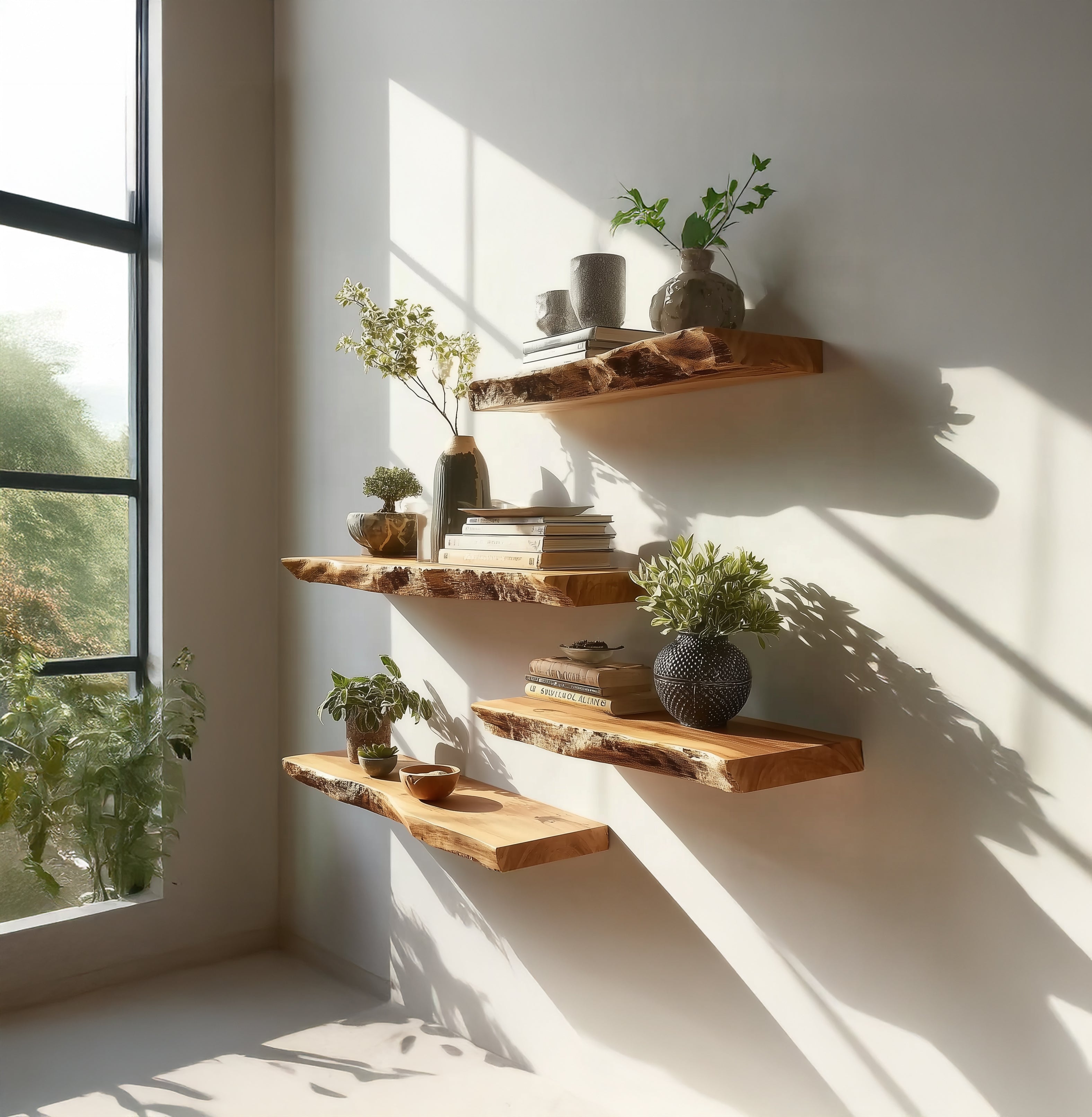 Handmade Live Edge Floating Shelves – Solid Wood Wall Shelf Set