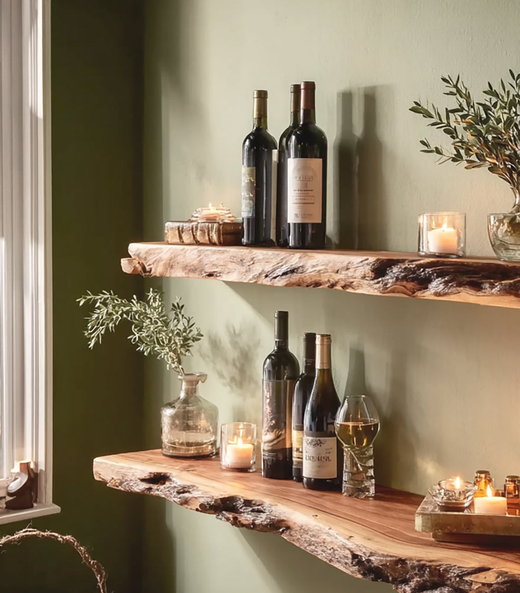 Handcrafted Live Edge Floating Bar Shelves – Rustic Solid Wood Wall Shelf for Kitchen or Bar