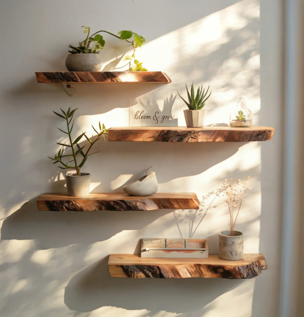Live Edge Teak Root Floating Shelf – Rustic Wood for Plants, Books & Home Décor