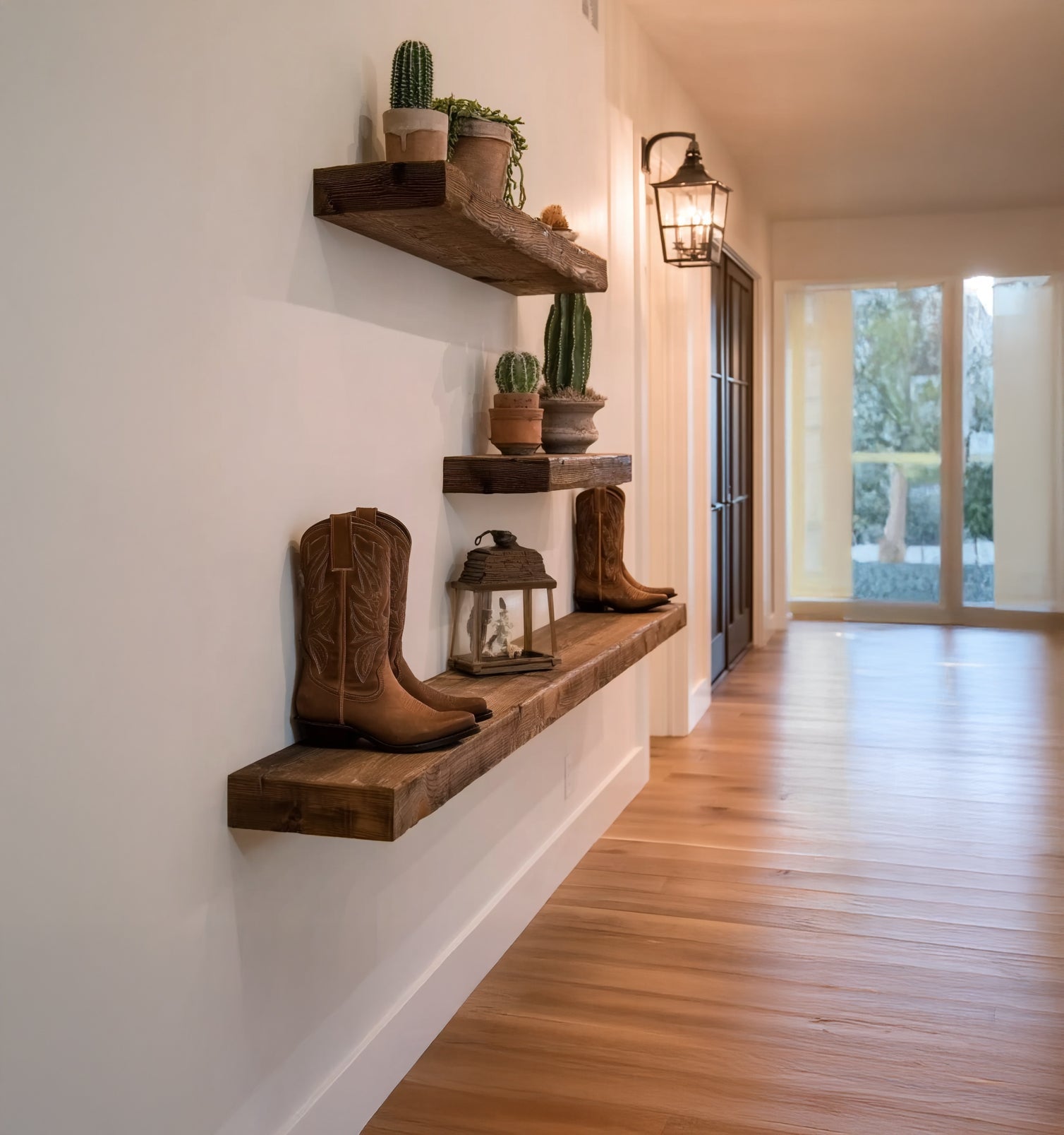 Rustic Wooden Floating Shelves – Farmhouse Wall Shelf for Boots & Decor