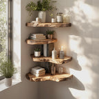 Rustic Live Edge Corner Shelves – Handmade Solid Wood Floating Wall Shelves