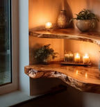 Rustic Live Edge Corner Floating Shelves – Handmade Solid Wood Wall Shelves