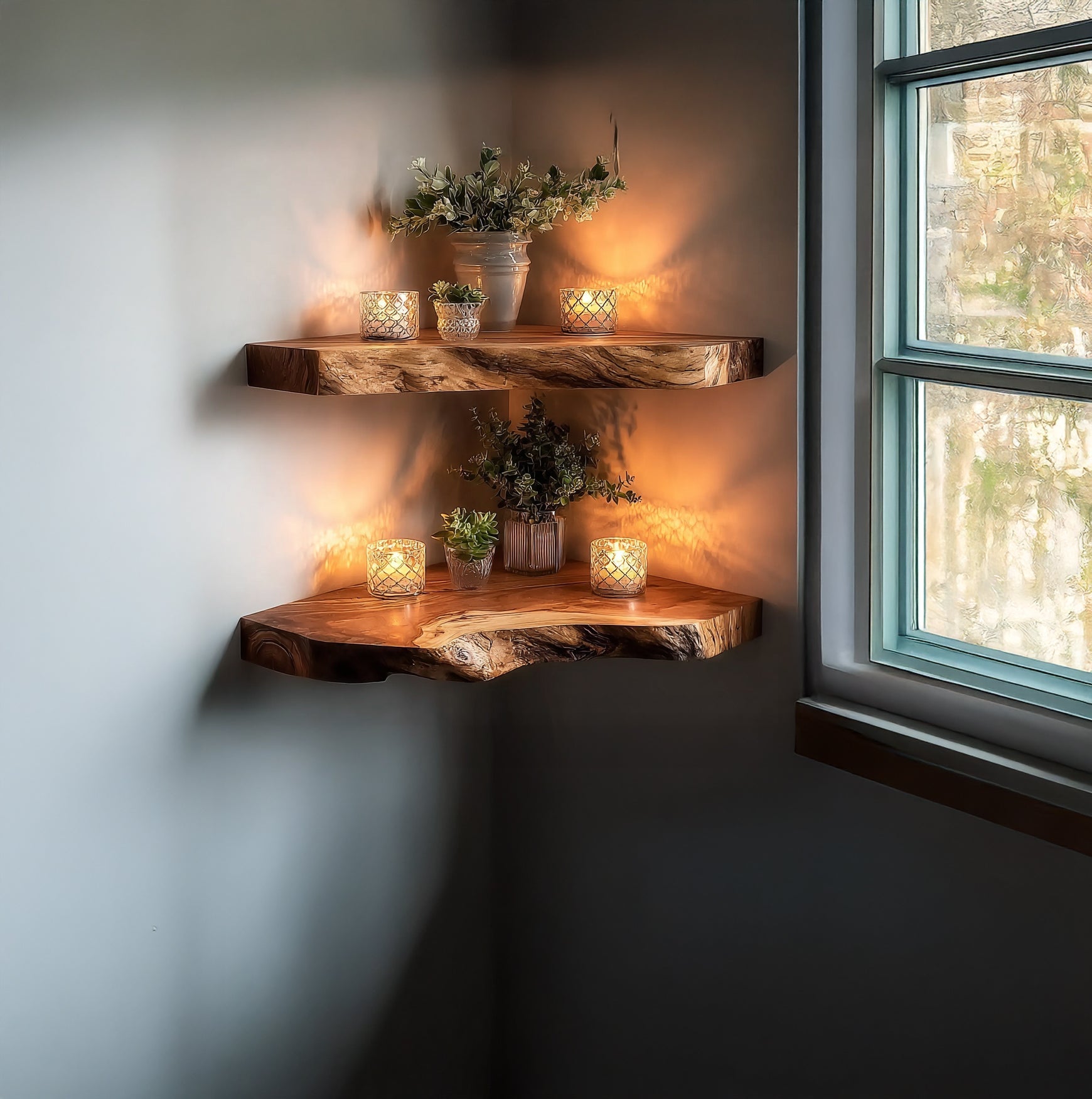 Rustic Corner Wall Shelves – Natural Live Edge Wood Floating Shelf for Candles and Plants