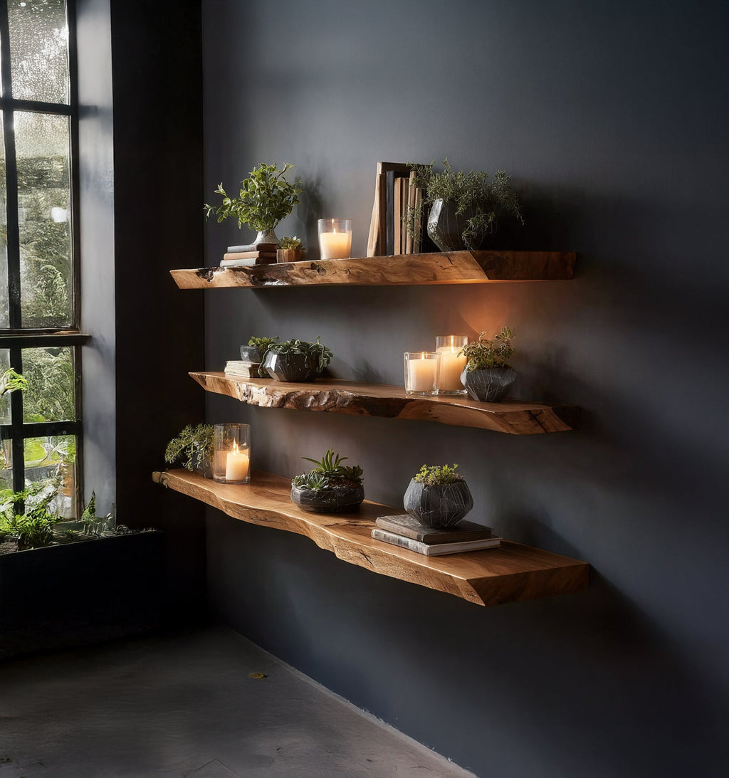 Handmade Live Edge Wooden Floating Shelves – Solid Wood Wall Shelf Set