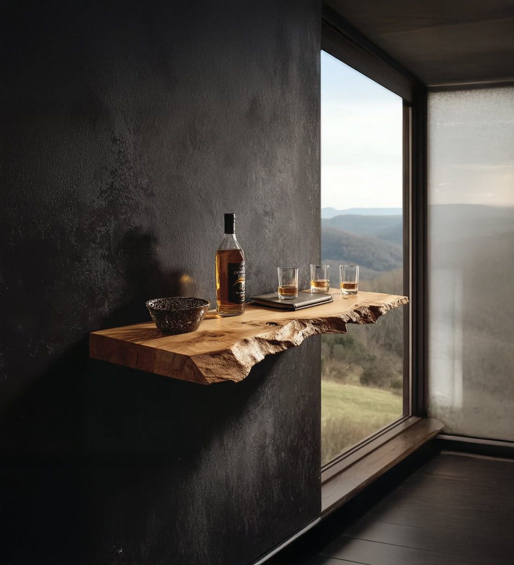 Handcrafted Live Edge Floating Bar Shelf – Rustic Solid Wood Wall Bar for Kitchen or Home