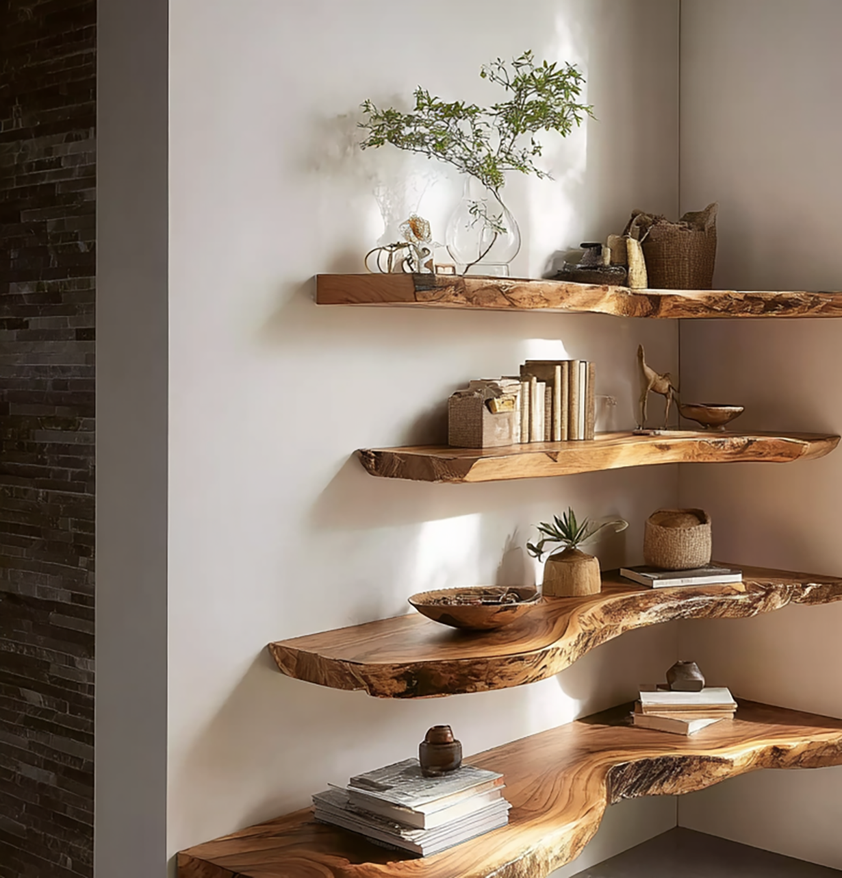 Rustic Floating Wall Shelf with Live Edge – Solid Walnut for Home Decor