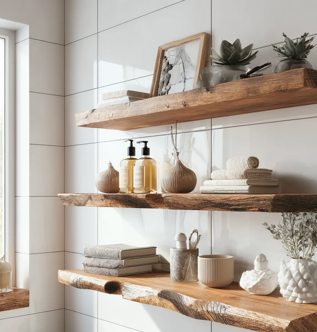 Live Edge Floating Shelves – Solid Wood Bathroom or Kitchen Wall Shelf Decor