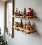 Rustic Live Edge Wooden Floating Shelves – Handmade Solid Wood Wall Shelf Set for Holiday Decor