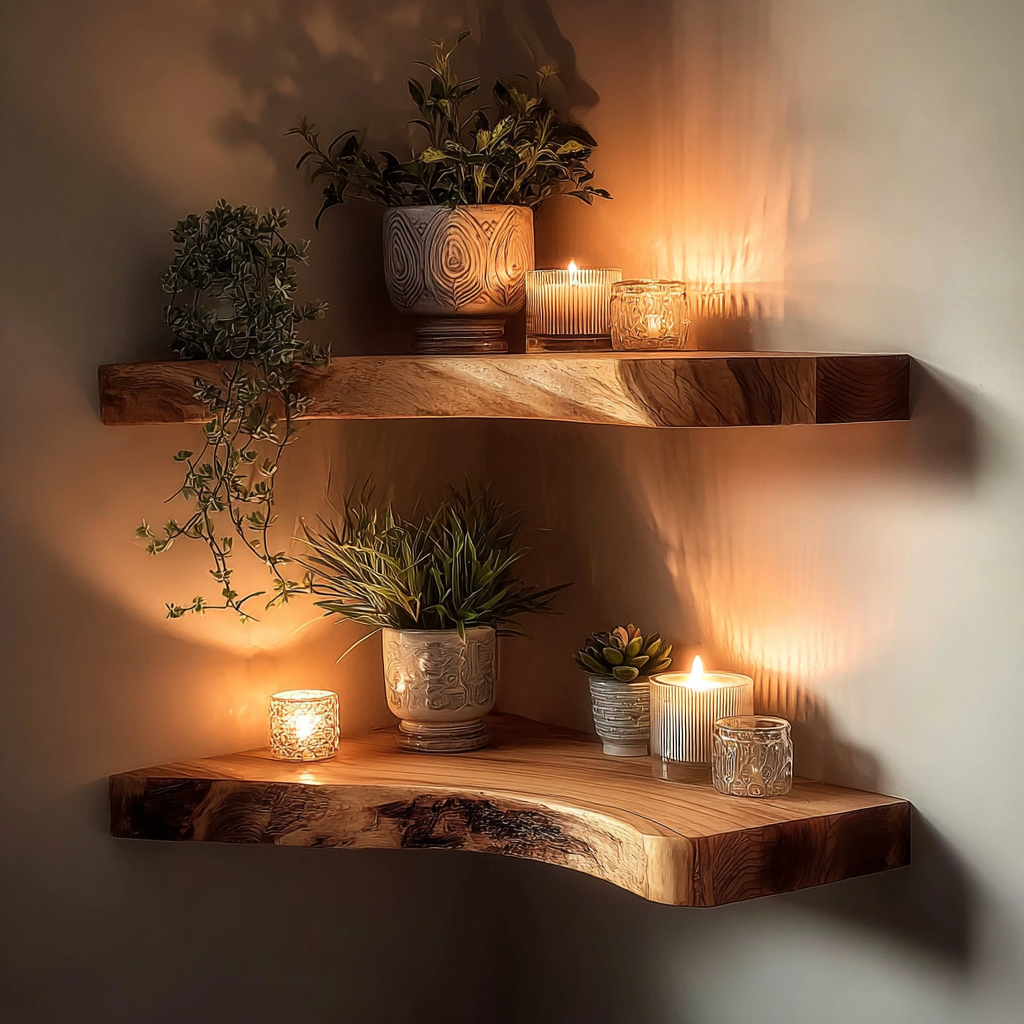 Rustic Corner Wall Shelves – Natural Live Edge Wood Floating Shelf for Candles and Plants