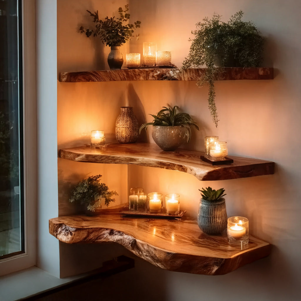 Rustic Live Edge Corner Floating Shelves – Handmade Solid Wood Wall Shelves